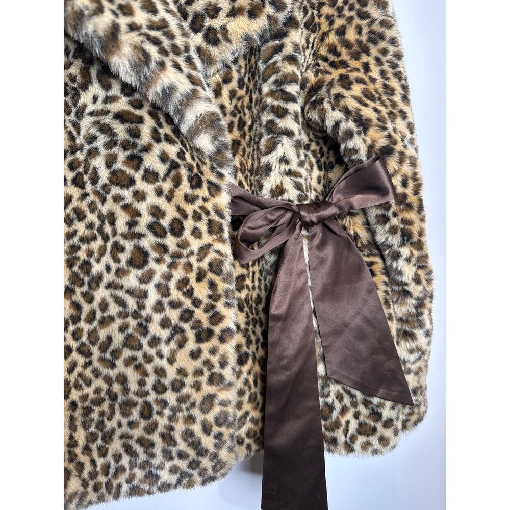 Vintage 2000s Leopard Faux Fur Wrap Coat Jacket With Side Ribbon Tie Large - Picture 8 of 16
